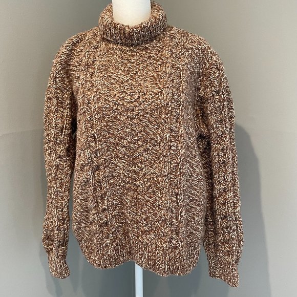 Hand Crafted Sweaters - Vintage Pullover Chunky Hand Knitted Women’s Sweater Cowl/Turtleneck Brown/Tan